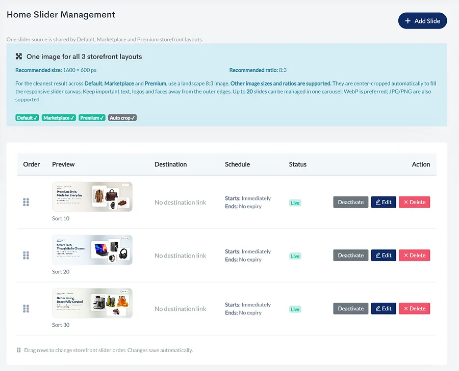 Real home slider management screen in admin panel