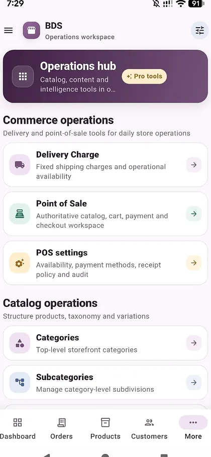 Flutter Android admin Operations Hub showing Point of Sale and POS Settings entries