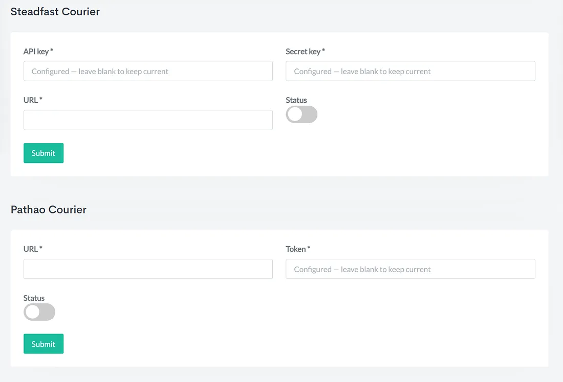 Real Steadfast and Pathao courier API configuration screen