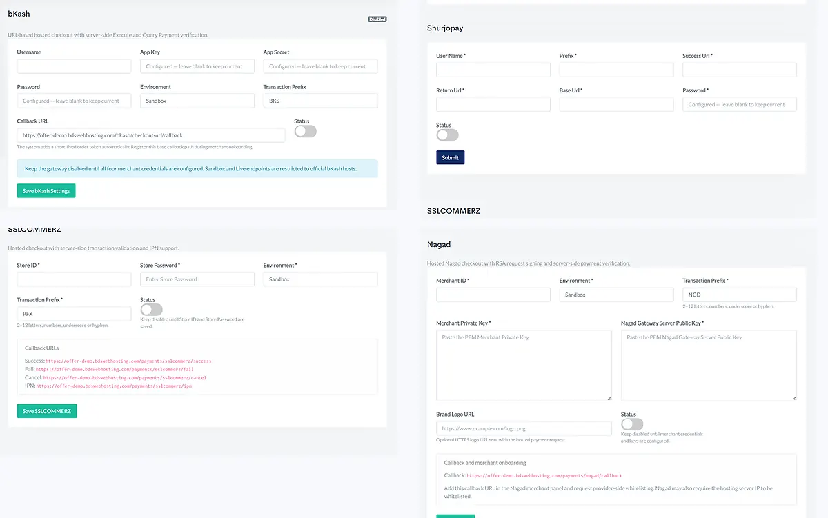 Real admin payment gateway configuration sections for Bangladesh ecommerce