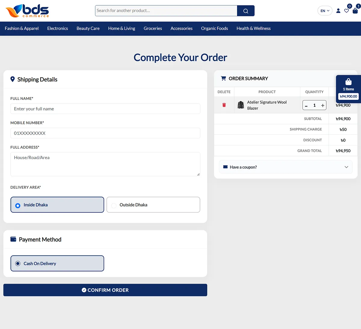 Real ecommerce checkout page with shipping details, payment method and order summary